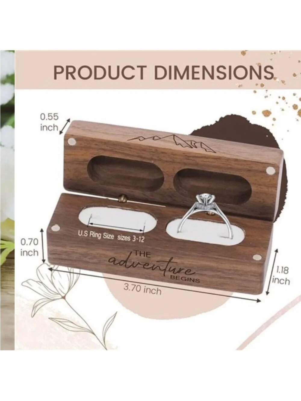 Engraved Flip Wooden 2 Ring box for wedding -Rustic Vintage Solid Wood rectangle
